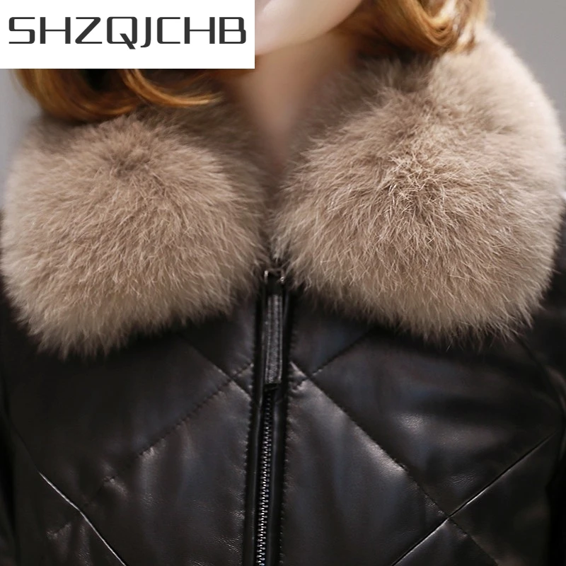 

JCHB 2021 Winter Women Short Down Jacket Bikers Fox Fur Collar Sheepskin Genuine Leather Jacket Casual Slim Fit Ladies Warm Outw