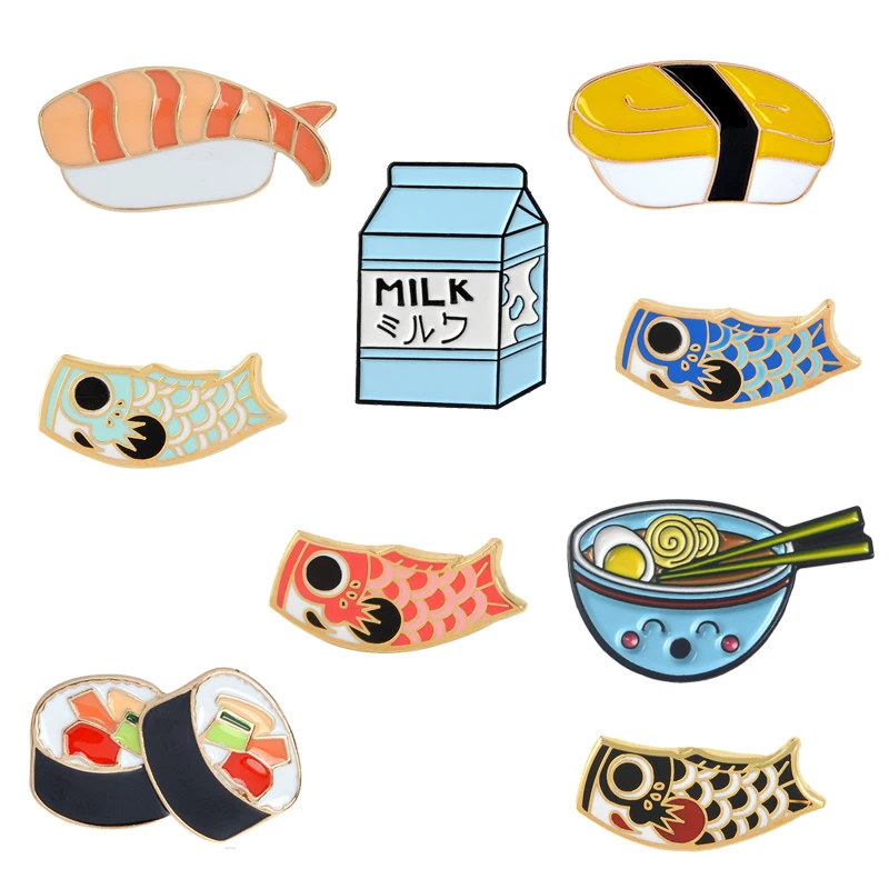 Japanese Food Enamel Pins Collect Sushi Milk Ramen Fish Koi flag Metal Cartoon Brooch Backpack Collar Lapel Badges Jewelry Gifts