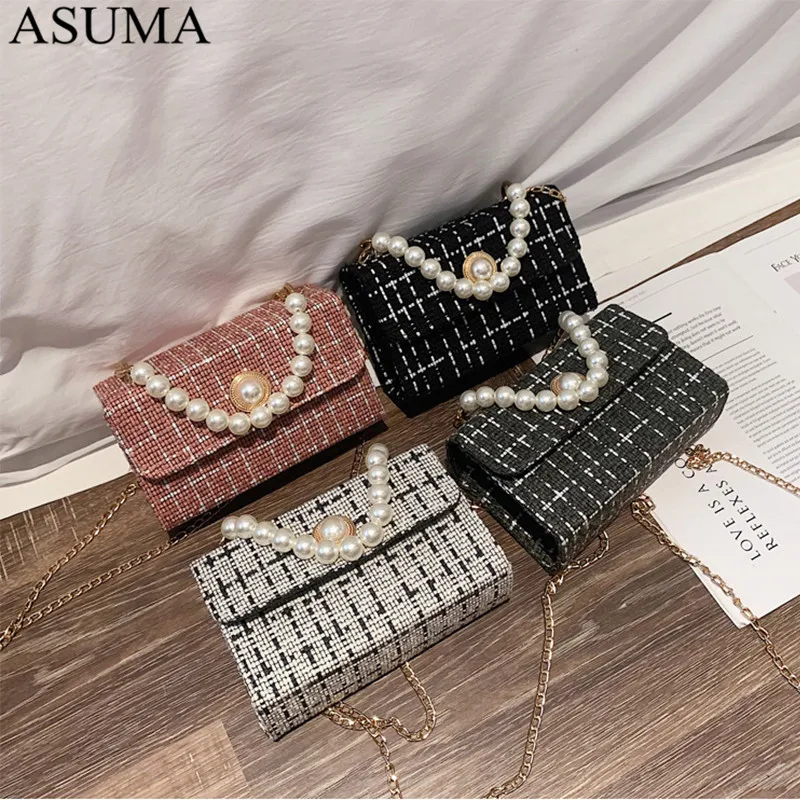 Красочный Жемчуг сумки через плечо для женщин 2019 зимние твидовые маленькие