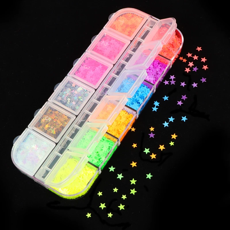 

Fluorescence Sparkly Stars Butterfly Heart Nail Sequins Paillette Mixed Colors Nail Glitter 3D Flakes Slices Art Accessories