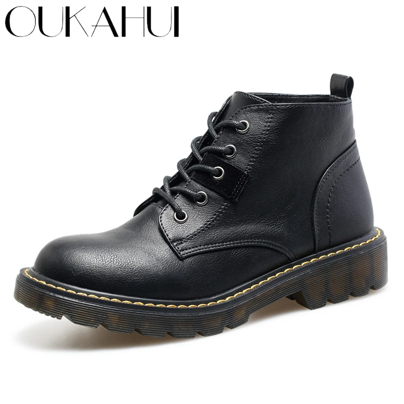 

OUKAHUI 2020 British Style Ankle Martin Boots Women Genuine Leather Low Heel 3.5CM Spring Lace Up Black Flat Boots Women Winter