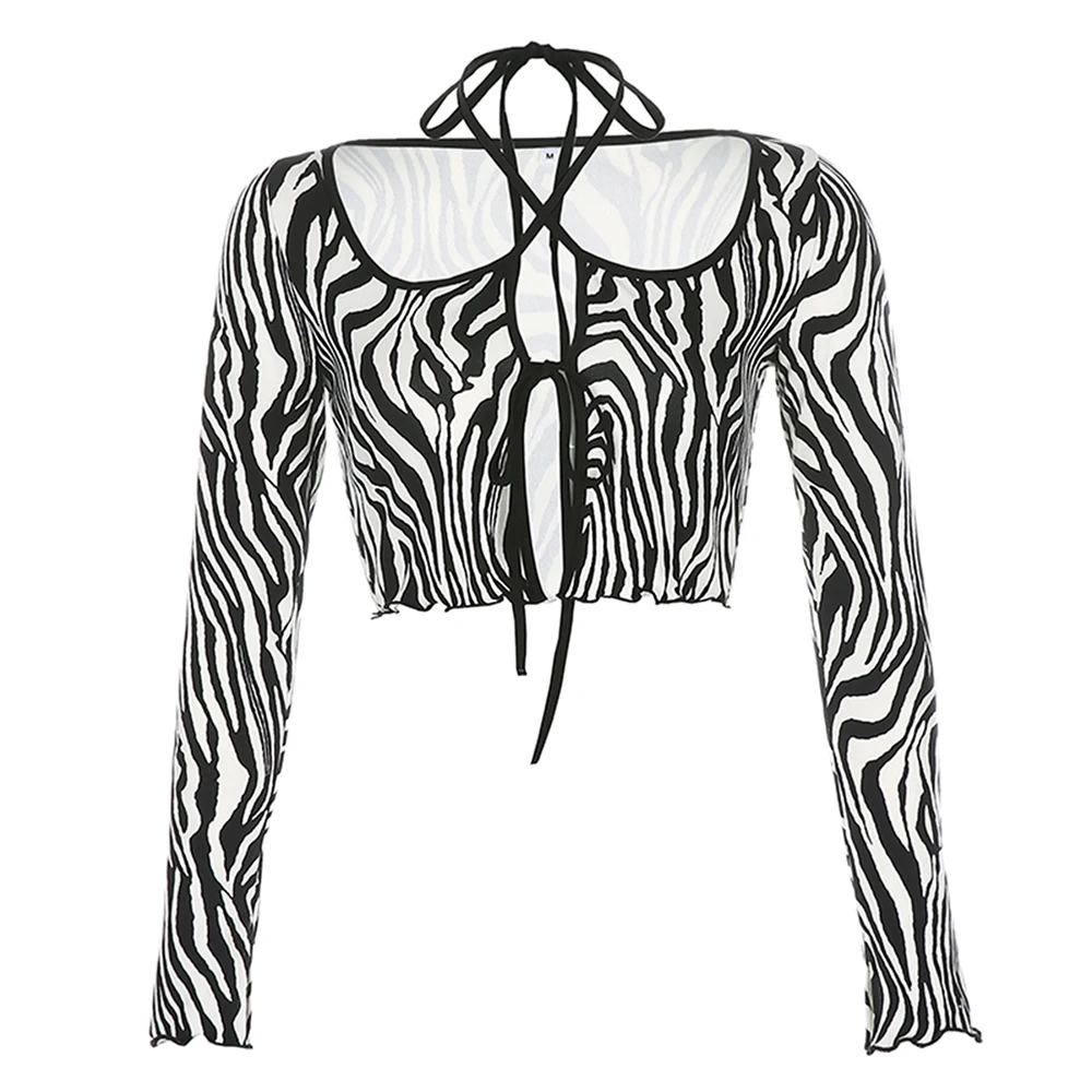 Женская Осенняя Футболка с принтом зебры уникальный укороченный Топ длинным