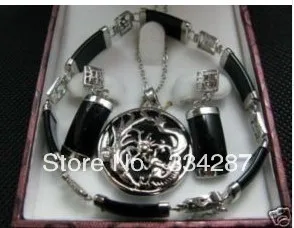 

Black jades dragon pendant necklace earring bracelet set