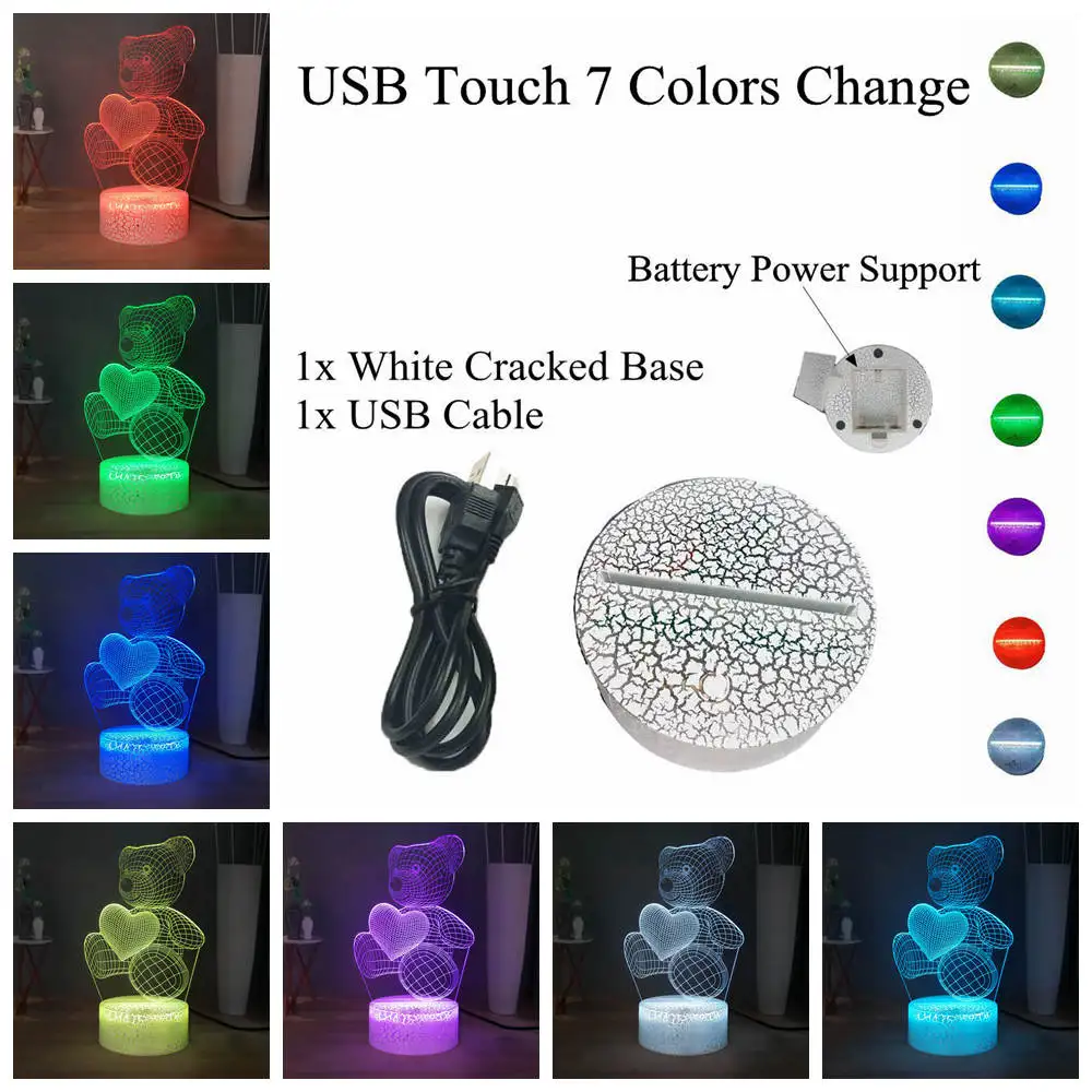 W-USB Touch 7 colors Милый детский Рождественский подарок USB маленький милый медведь в виде сердца 3D светодиодный RGB Ночной светильник атмосферная настольная лампа для маленьких девочек Декор для спальни - Испускаемый цвет: W-USB Touch 7 colors