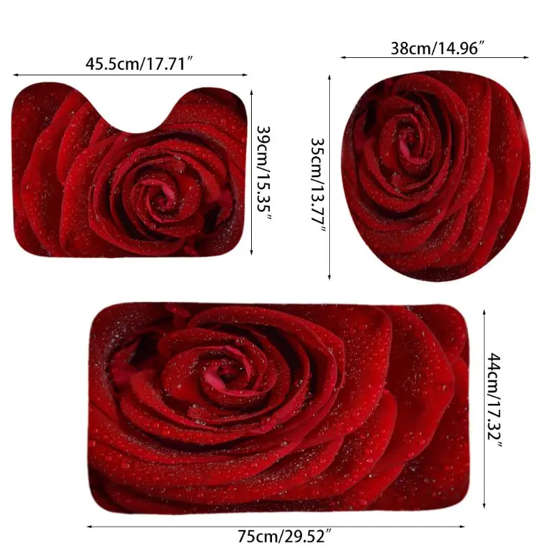 

4PCS/Set Rose Shower Curtain Floral Bath Curtain Waterproof Polyester Shower Curtain Non-Slip Bathroom Rugs Bath M