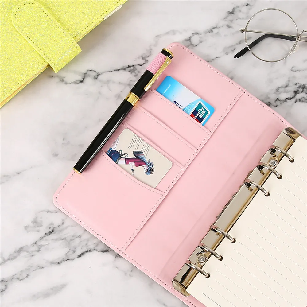 

A6 PU Leather Notebook Fashion Laser 6 Ring Binder Spiral Notebook Diary Agenda Planner Journal Notebook School Supplies