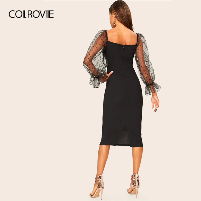 COLROVIE/черное Сетчатое платье в горошек с воланом, рукавом-фонариком, платье-карандаш, женское облегающее платье с квадратным вырезом, осенние элегантные прямые платья