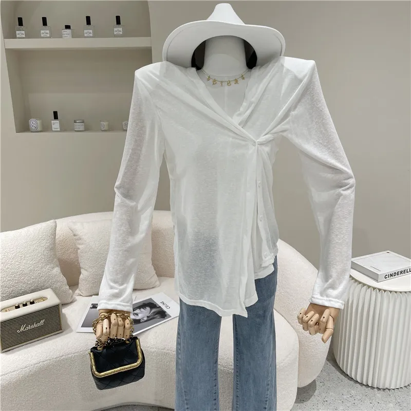 

Women's Spring Summer 2021 V-neck single breasted Two ways to wear shirt Casual shoulder pad long sleeve sunscreen cardigan