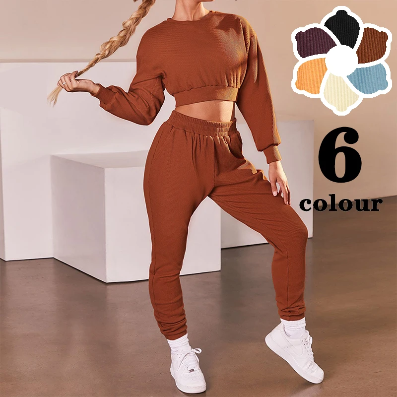 

Комплект спортивной одежды женский из 2 предметов, теплый комплект большого размера, короткий топ, повседневная кофта, штаны для бега, компл...