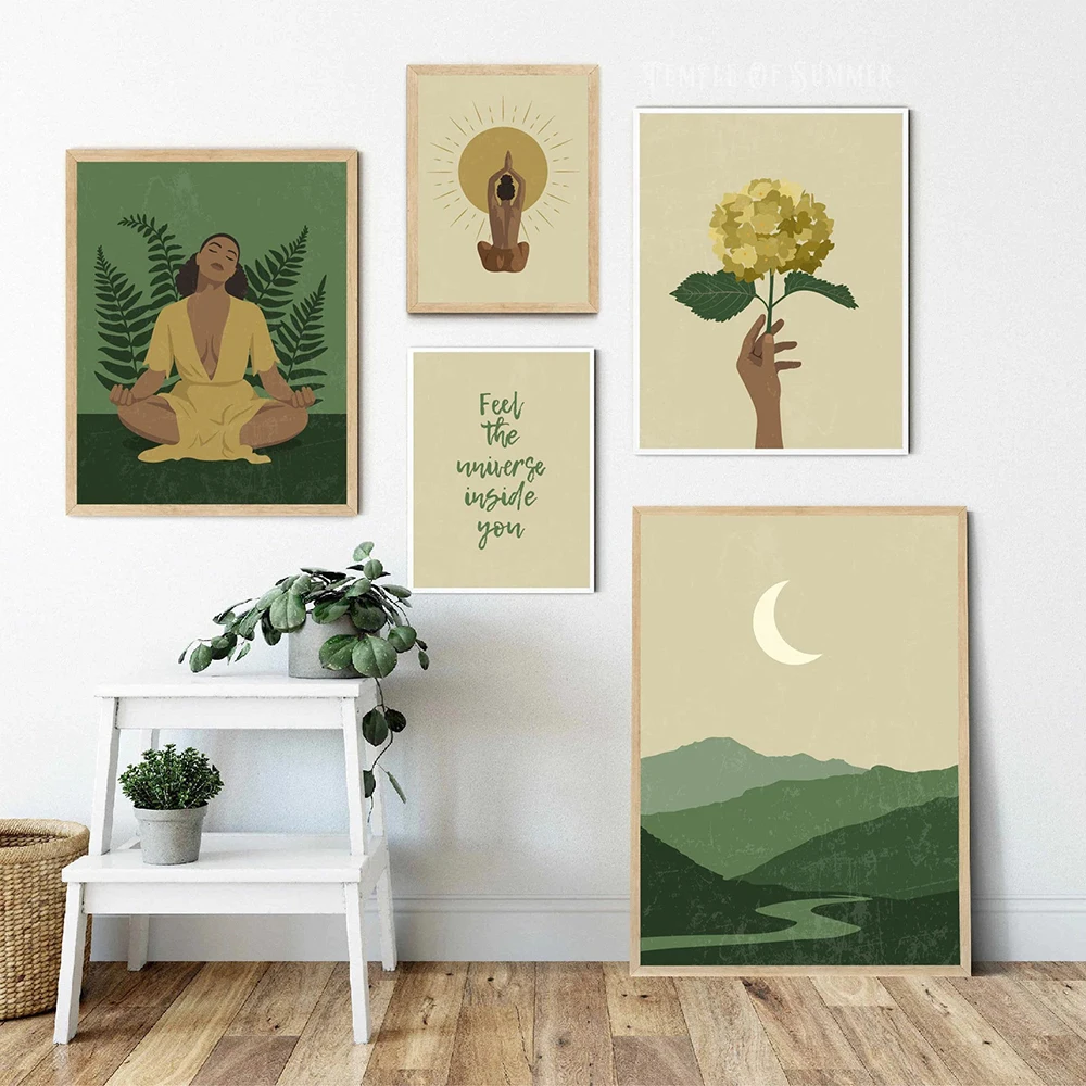 

Bohemian Green Style Nordic Home Decor Print Canvas Painting Yoga Black Women Art Poster Bedroom Living Room Gym Decor Pictures