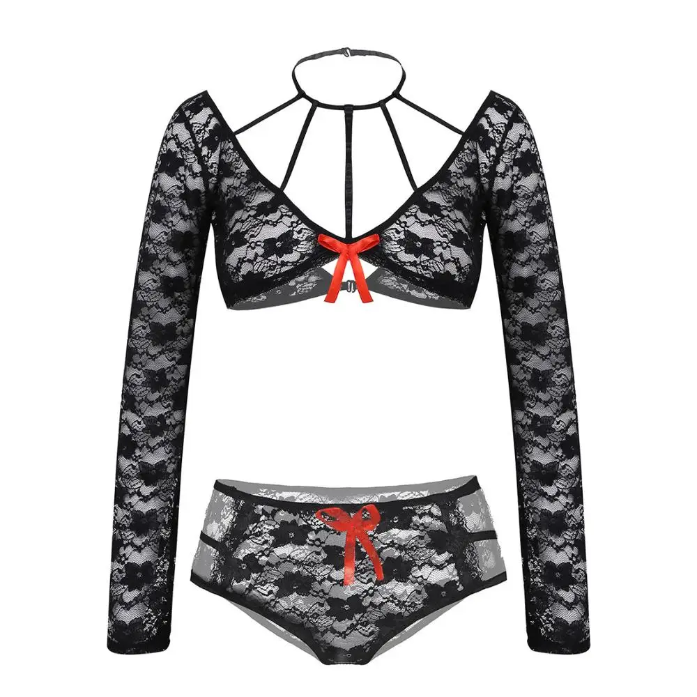 

Womens Sexy Nightwear Sleepwear See-through Lace Babydoll Lingerie Set Unpadded Bra Crop Top High Waist G-String Thong Underwear