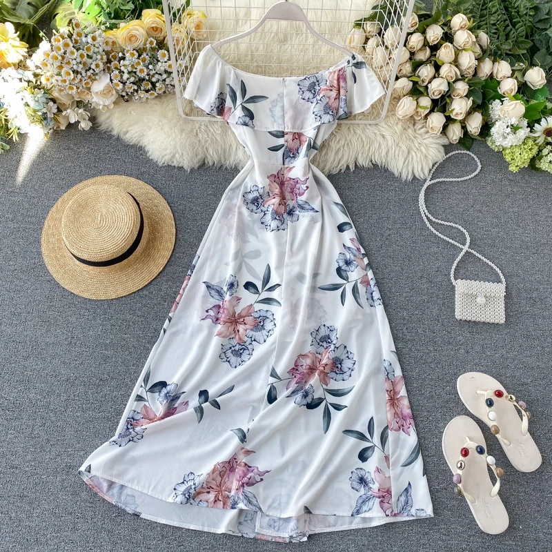 Boho оборками сексуальное платье с открытыми плечами 2021 Цветочный принт Летнее