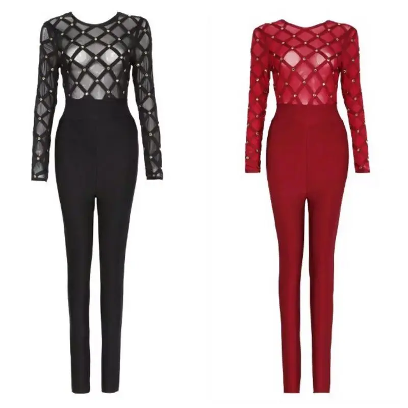 Sexyboutique бандажный комбинезон с длинным рукавом сексуальный сетчатый женский цельный комбинезон бандажный комбинезон