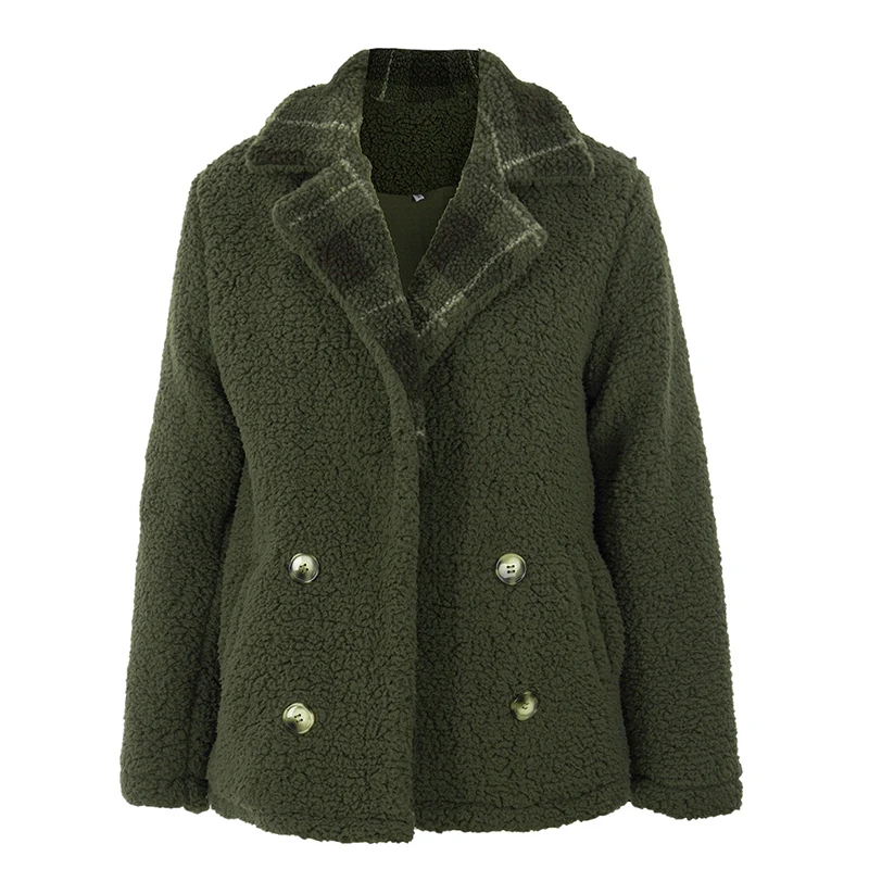 Plaid Faux Fur Women Winter Coat 2019 Thick Button Outerwear Jacket Vintage Teddy Bear Plus Size Fluffy | Женская одежда