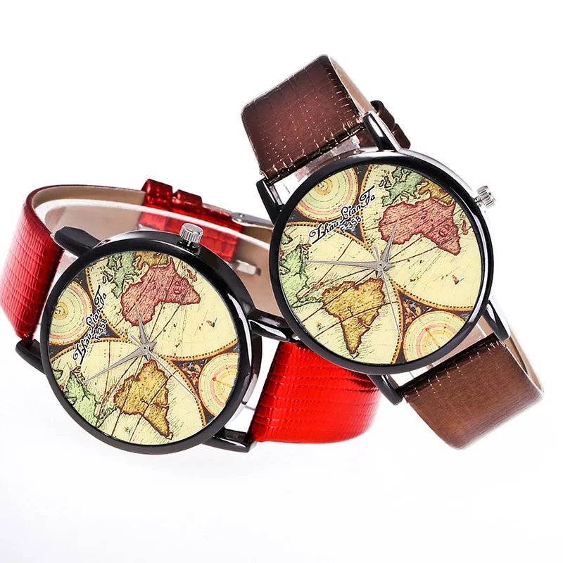

Reloj Mujer Fashion Quartz Watch Men Women Couple Printed Vintage Map Electronic Watch With Pu Wrist Strap