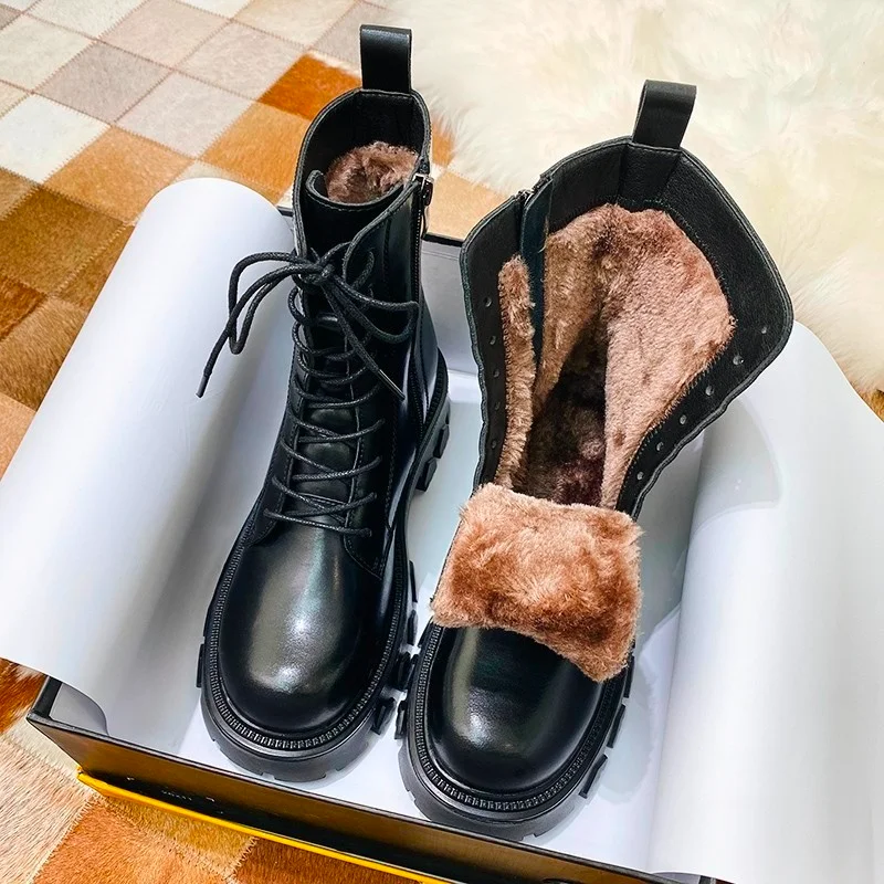 

Женские теплые ботинки на толстой подошве, осенне-зимняя нескользящая обувь из лакированной кожи на шнуровке, 2021