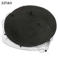 xitao pompom mesh splicing berets vintage fashion half exposed veil 2021 winter new temperament all match women hats wmd4312