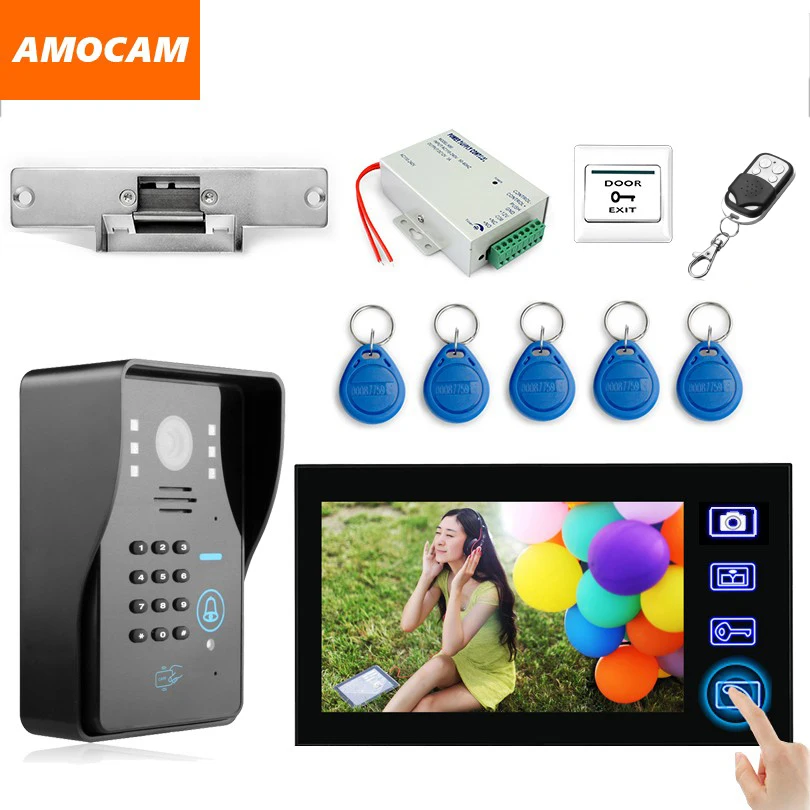 

7" Wireless Video Doorbell Intercom Door Phone with Electronic Strike Lock password/ID Card /Wireless Remote/ Exit Unlock