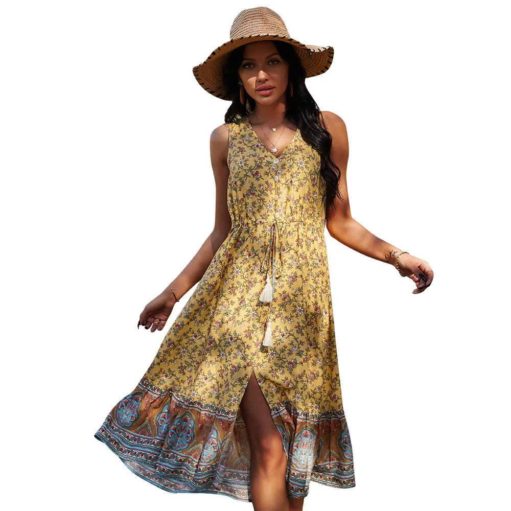 

Spring and summer 2021 new Bohemian positioning printing fashion women's independent station leisure holiday sleeveless dress
