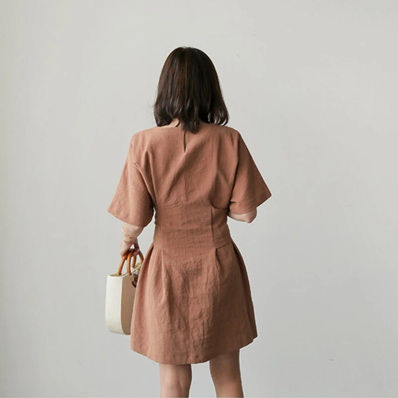 Женское хлопковое платье с круглым вырезом коротким рукавом | Женская одежда