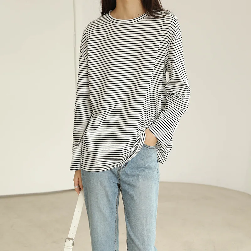 Женские хлопковые топы в полоску с круглым вырезом и длинным рукавом | Женская