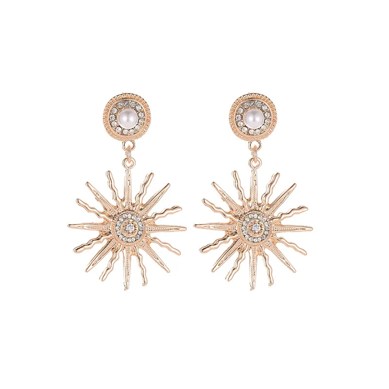 

New exaggerated sunflower pearl earrings alloy set diamond earrings
