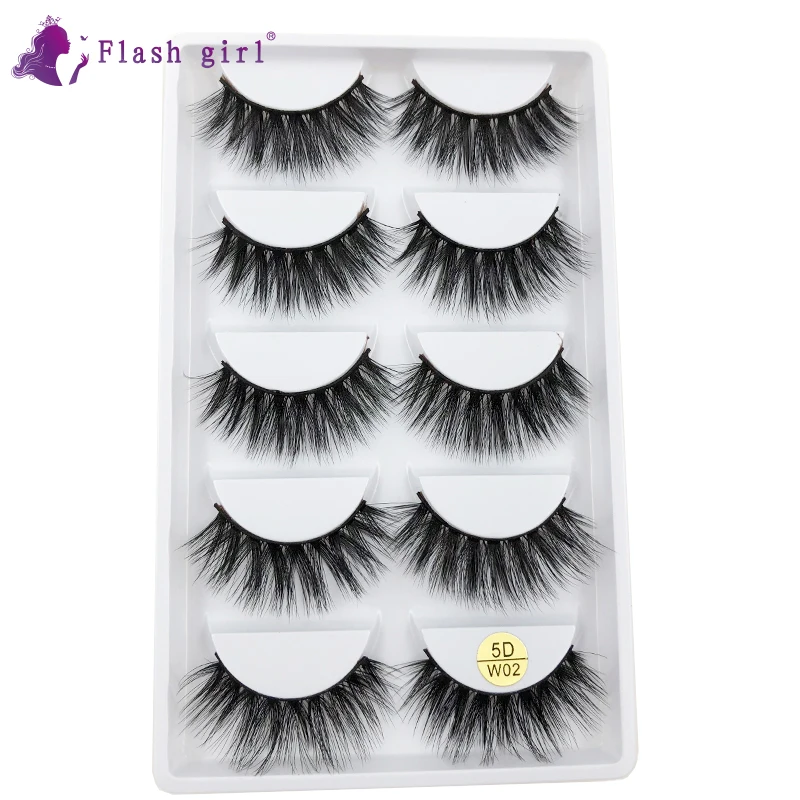 

Top Quality 5 Pairs 5D Mink Eyelashes Wispy Natural Soft Fake Eyelashes 100% Handmade Thick Long Eye Lashes 5D-W02