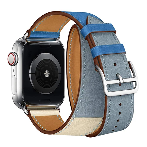 Кожаный браслет с двойными кругами для Apple Watch 1, 2, 3, 42 мм, 38 мм, ремешок для iwatch series 5, 4, 40, 44 мм - Цвет ремешка: blue-Grayblue-white