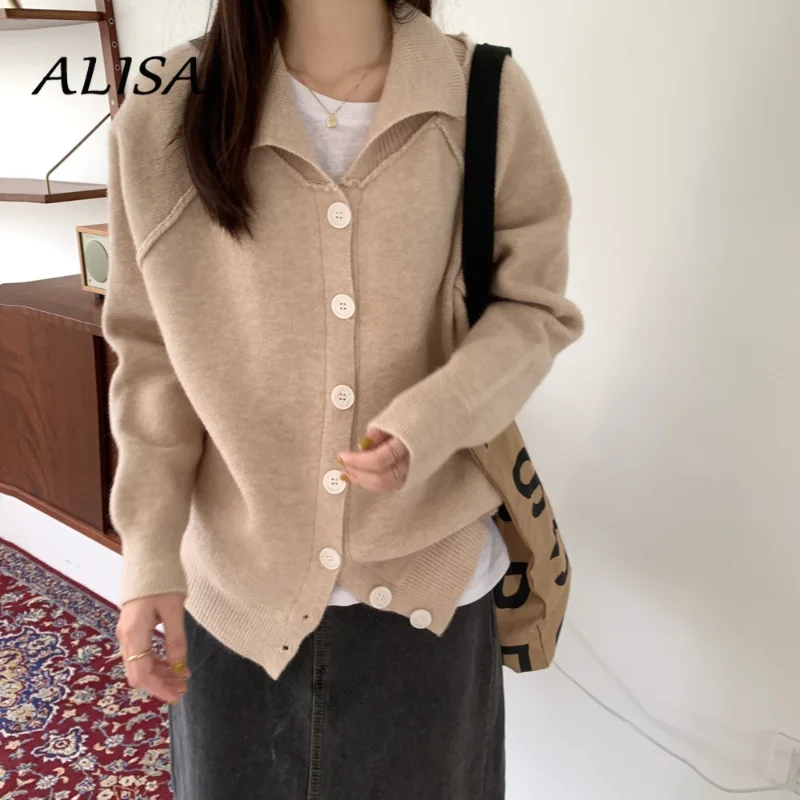 

Women Vintage Cardigan Sweater Korean Fashion Autumn Winter Turn Down Collar Knitted Tops Woman Button Up Lazy Jumper Tops