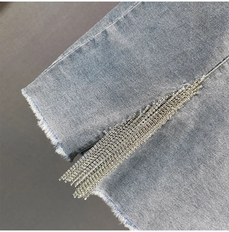 

Rhinestone Tassel Denim Skirt Women's Middle Skirt 2021 Summer New High Waist Slimming Office Lady Sheath Mid Length Skirt