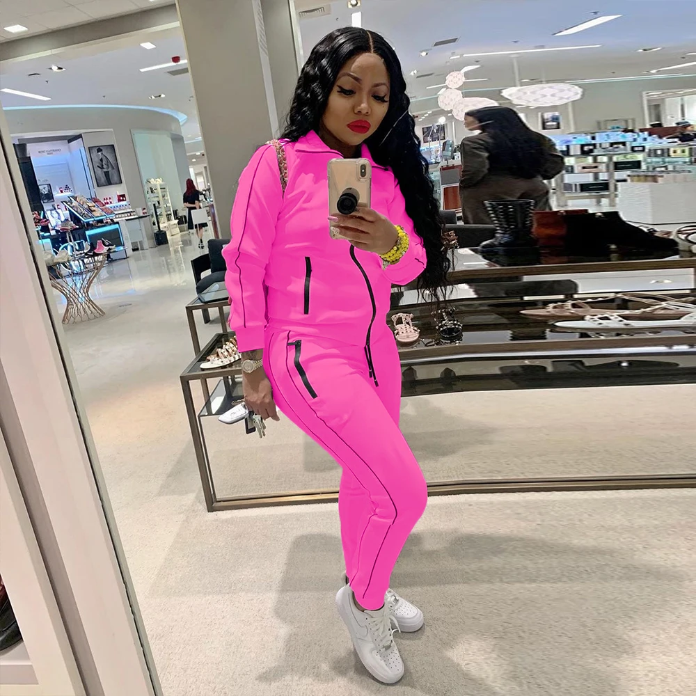 

Black Rose Red Simple Casual Two Piece Set for Women Fashion Lapel Neck Full Sleeve Jacket and High Waist Jogger Trouser Outfits
