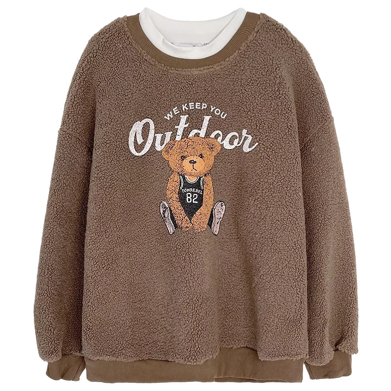 

Bear & Letter Graphic Patched Neck Women Teddy Sweatshirt Brown / White