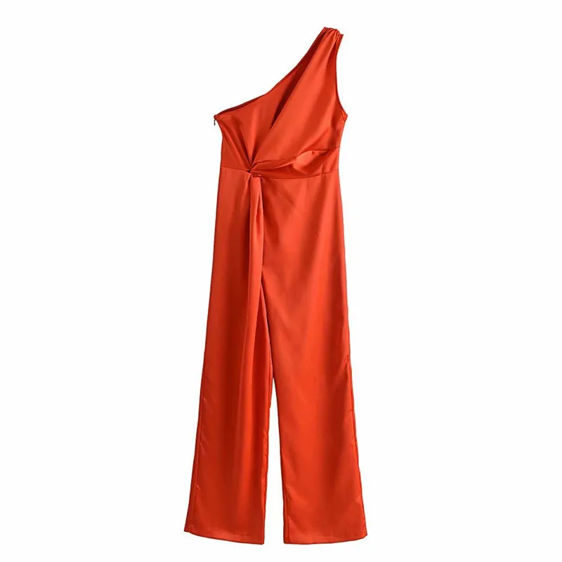 

Za 2021 Sexy One Shoulder Long Red Jumpsuit Women Summer Sleeveless Asymmetric Jumpsuits Woman Chic Knotted Rompers