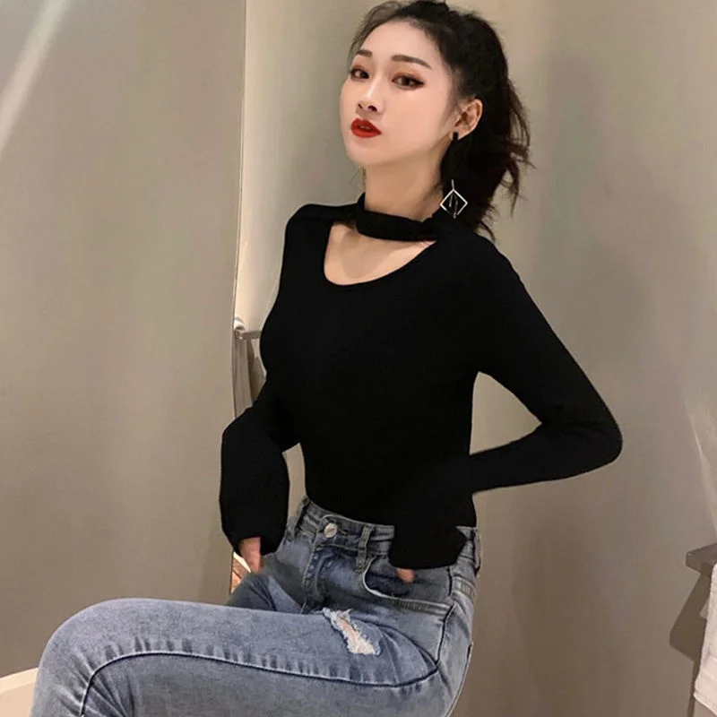 

Autumn Long Sleeve Bottoming T Shirt Women's T-shirt Top Exposed Collarbone Thin Tops For Women Clothing Woman Tshirts T-shirts