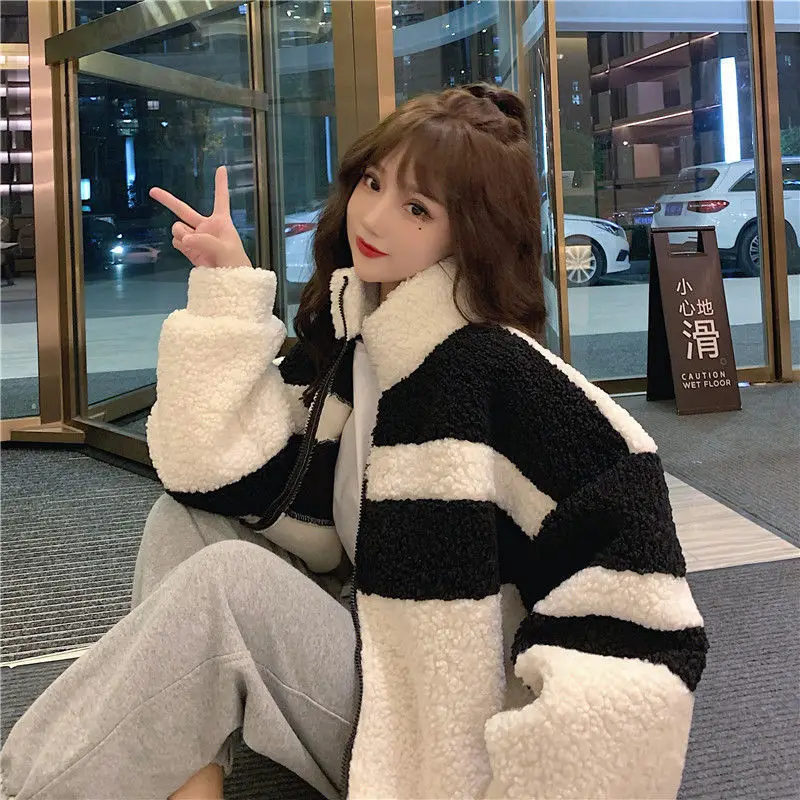 Lamb Wool Coat Women Winter Korean Version Of Thin Sweater Plus Velvet Thickening Contrast Color Wild Lazy Style Fried Street To |