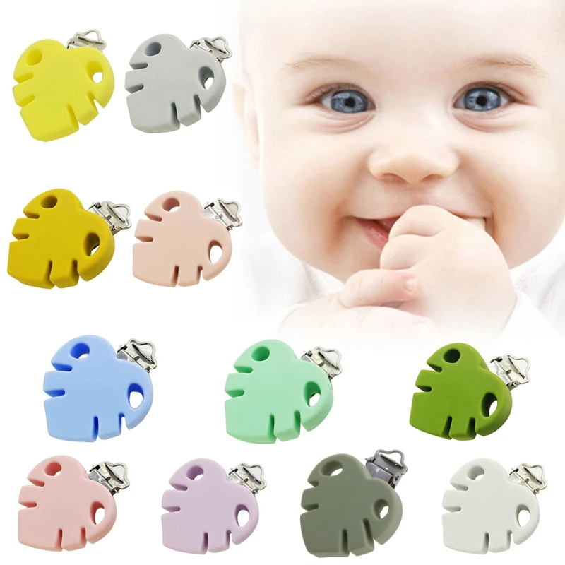 

2Pcs Food Grade Silicone Baby Teether Safety Clasp Holder DIY Nipple Chain Toys Accessories Leaf Shape Pacifier Clips Teething
