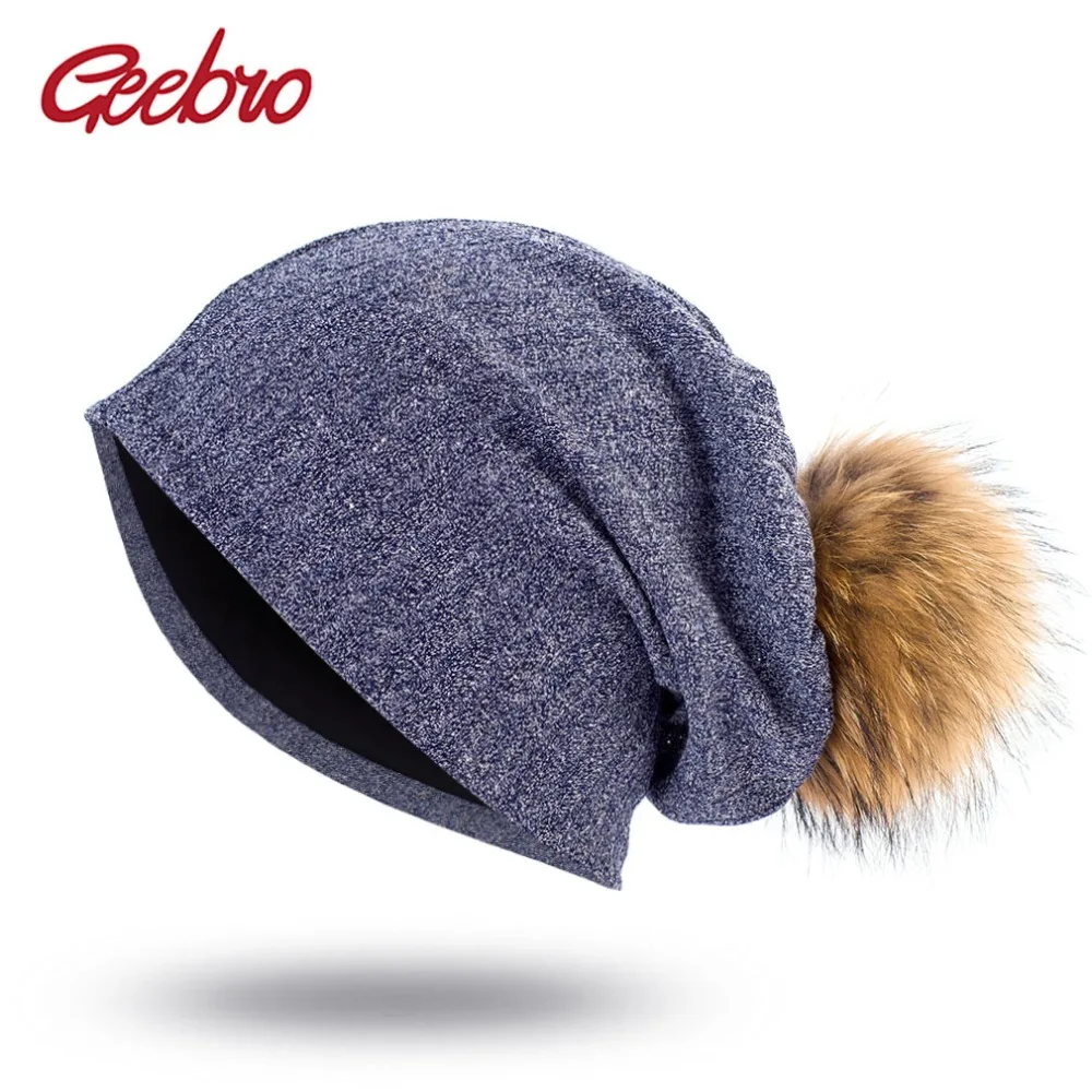 

Geebro Women Ribbed Solid Striped Beanies With Raccoon Fur Pompom Hats Ladies Fashion Casual New Soft Skullies Caps Bonnet