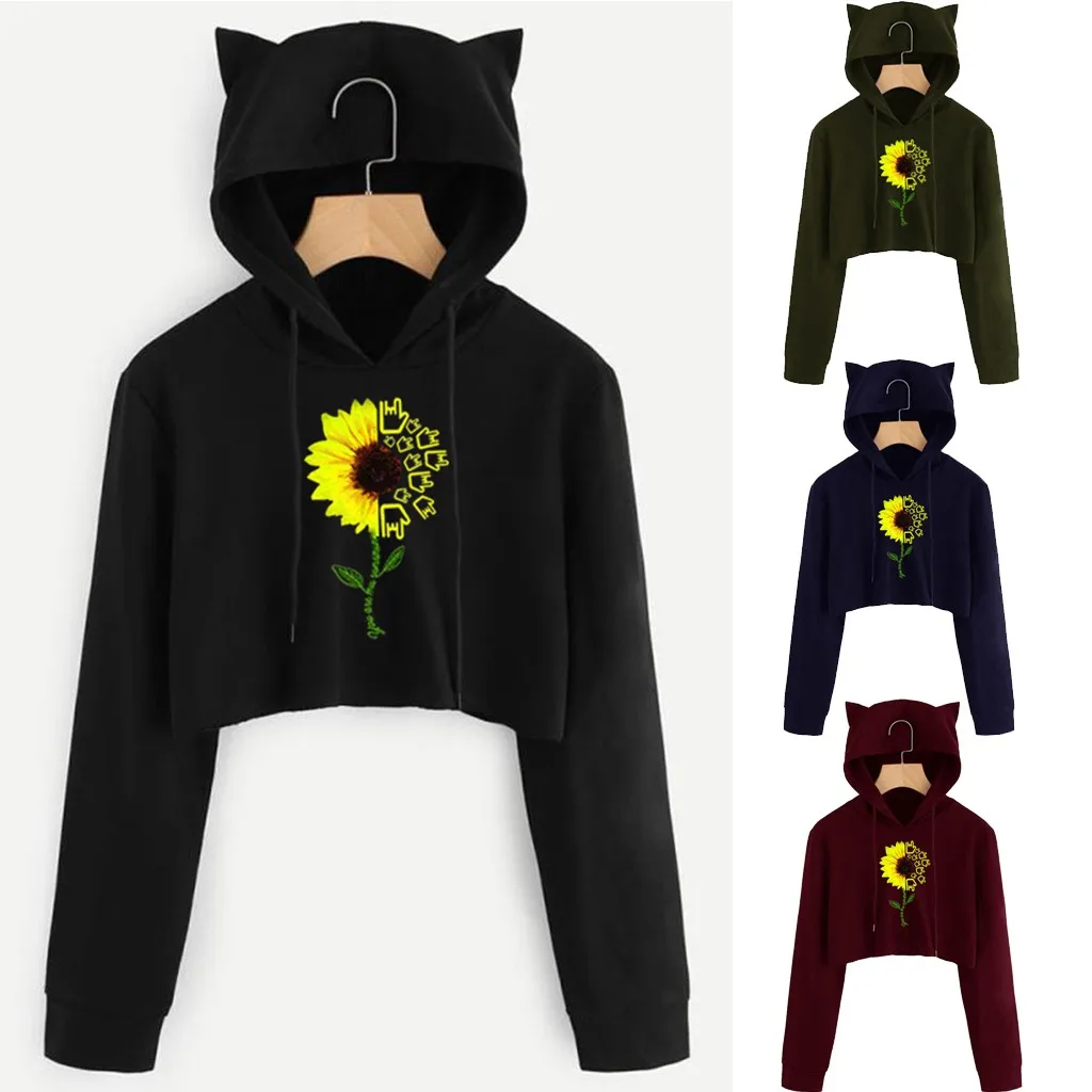 

Women's Harajuku Print Sweatshirt Womens Cat-Ear Long Sleeve Hoodie Sweatshirt Hooded Pullover Tops Aachoae#Q