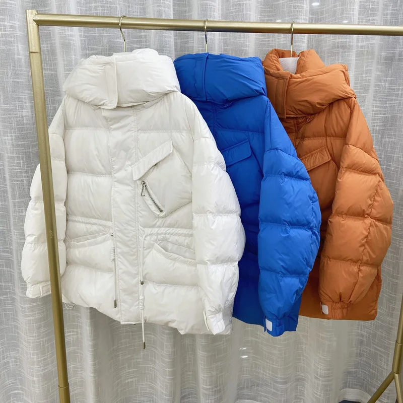 

Женский пуховик средней длины, новая зимняя свободная утепленная куртка в Корейском стиле на 90 утином пуху с кулиской, синий, 2021