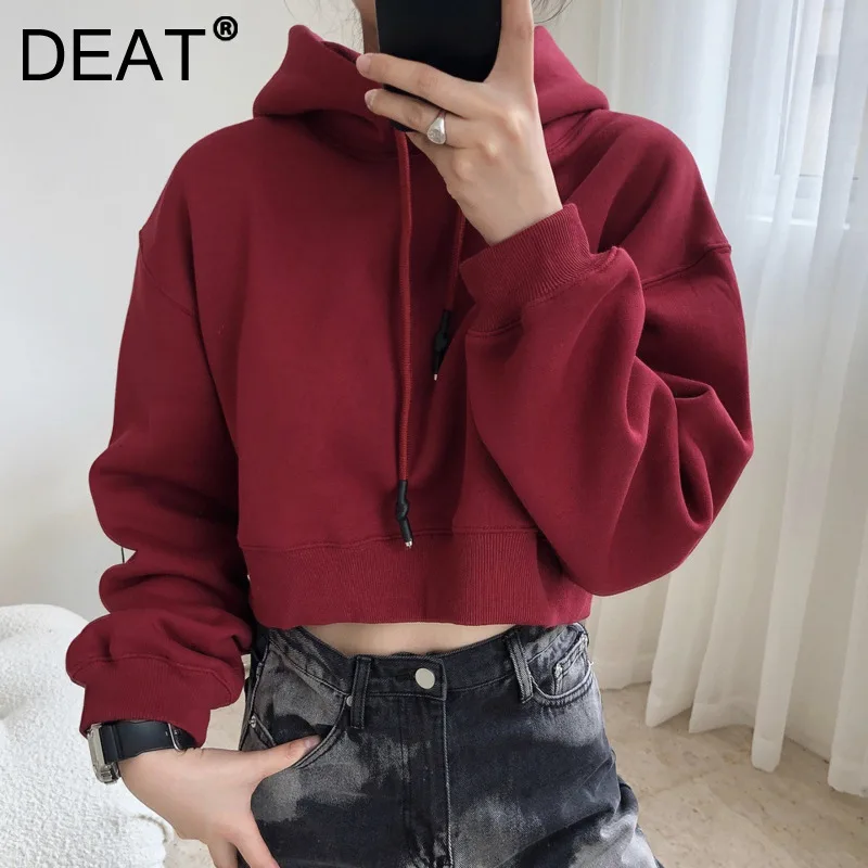 

DEAT 2021 New Women Fashion Loose Solid Color Hooded Collar Long Sleeve Patchwork High Waist Thick Hoodie Autumn Winter 7E1858