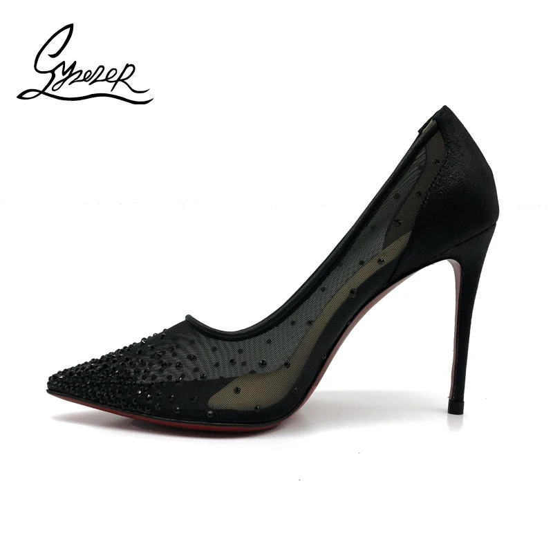 

Yuerui Bling Black Mesh Crystal Classic Women's Shoes 12CM Pumps Sexy Ladies Temperament High Heels Wedding Banquet Matching2020
