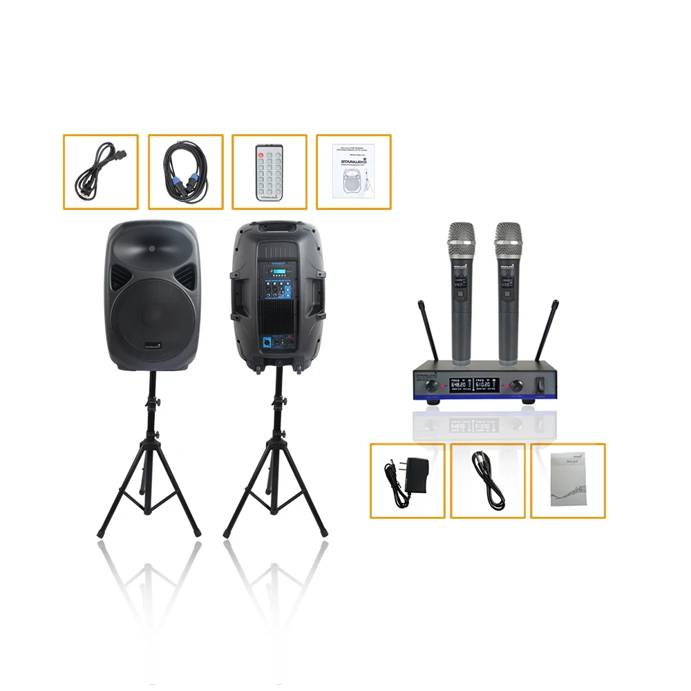 

Pair 15" 2500W PA Powered Active Speakers System Speaker Stands 2CH UHF Handheld Church Wireless Microphone SSD-15A+SMU-0216A