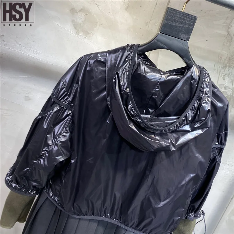 【HSY】2019 Осень Новая мода высокого класса женская черная глянцевая куртка на