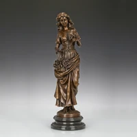 beautiful young girl with flowers statue sculpture bronze brass hot casting female art upscale home decoration gifts
