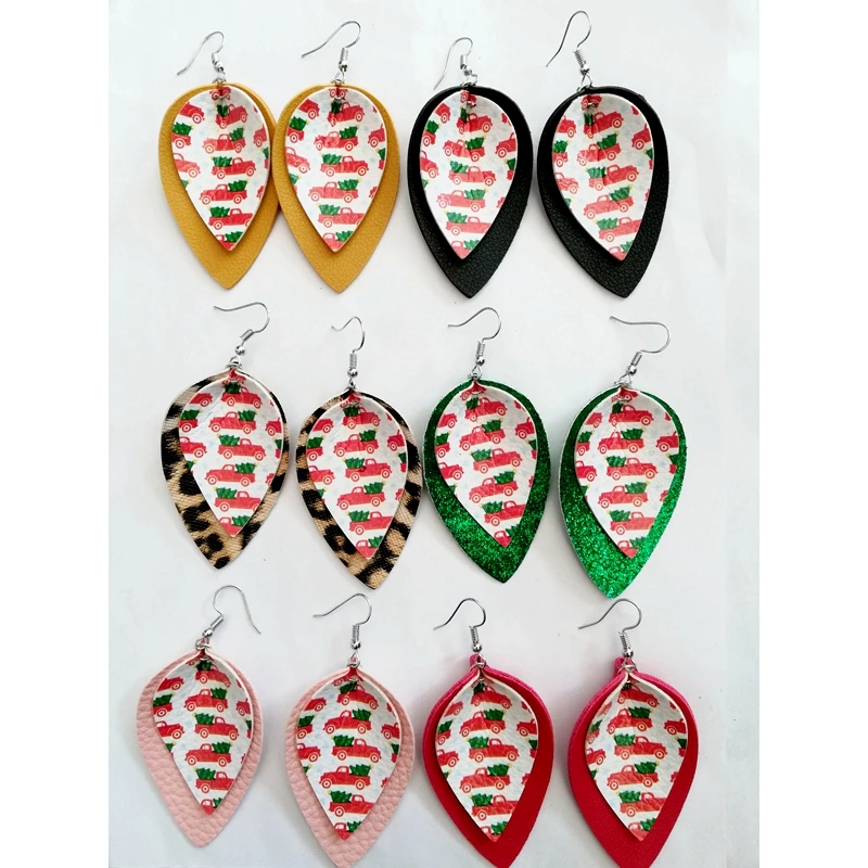 

Farmhouse Farm Truck Christmas Truck Tree Pinch Top Faux Leather Earrings 2 Layers
