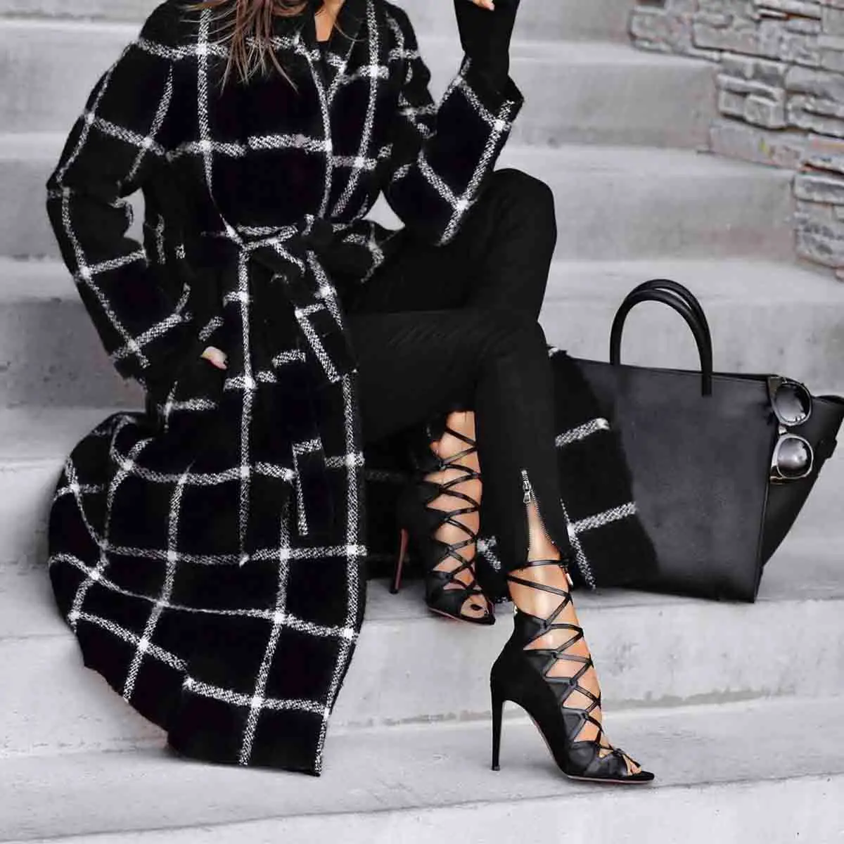 Осень Зима Тренч Куртка женская повседневная черная белая клетчатая куртка