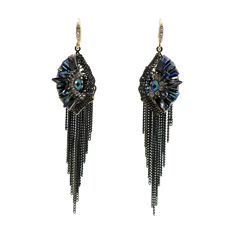 Женские длинные висячие серьги стразы с кристаллами и цветными защитными