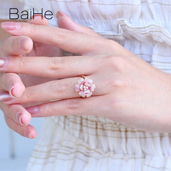 BAIHE Solid 14 к розовое золото 0.55ct натуральный розовый сапфир 0.25ct бриллиантами Для женщин свадебные модные ювелирные украшения цветы кулон кольцо
