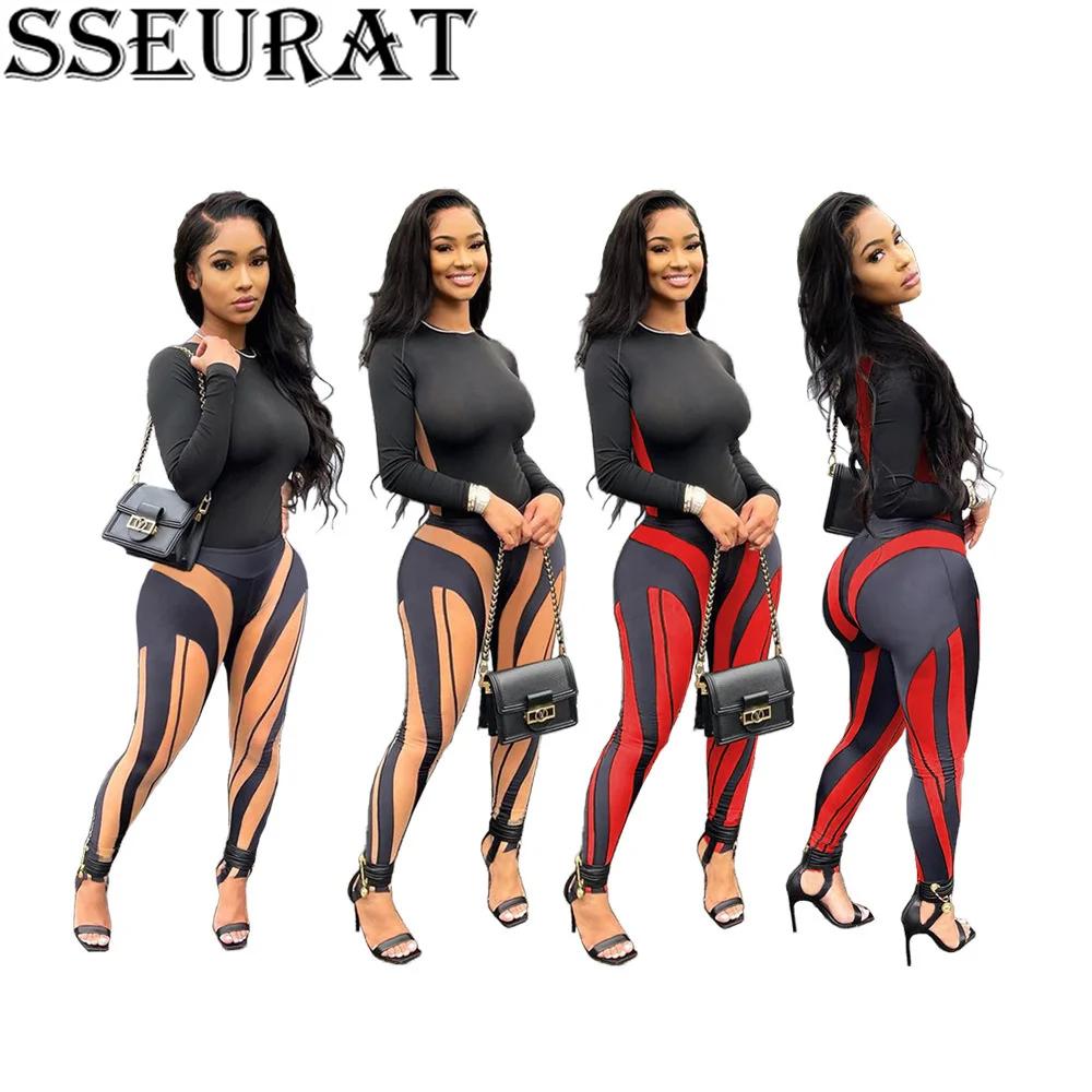 

SSEURAT Geometric Pattern 2 Pieces Matching Sets Long Sleeve Slim T-shirt and Stretchy Legging Pants Autumn Sexy Club Outfits