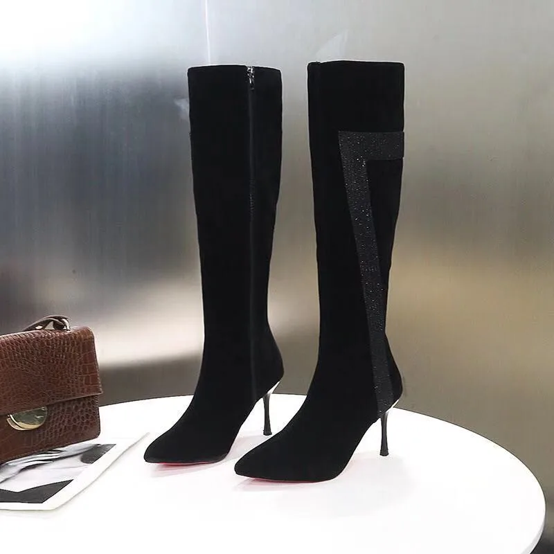 New Black Knee-High Boots Female Zipper Long Fenty Beauty High Heels Riding Women's Red Bottom botines mujer |